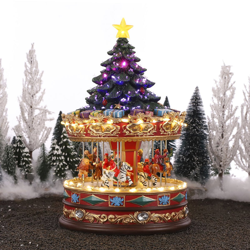 LuVille Kerstdorp Miniatuur Carrousel met Kerstboom
