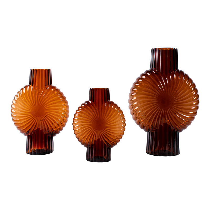 Zugar Brown Solid Glass Vase Ribbed Round S (set of 4)