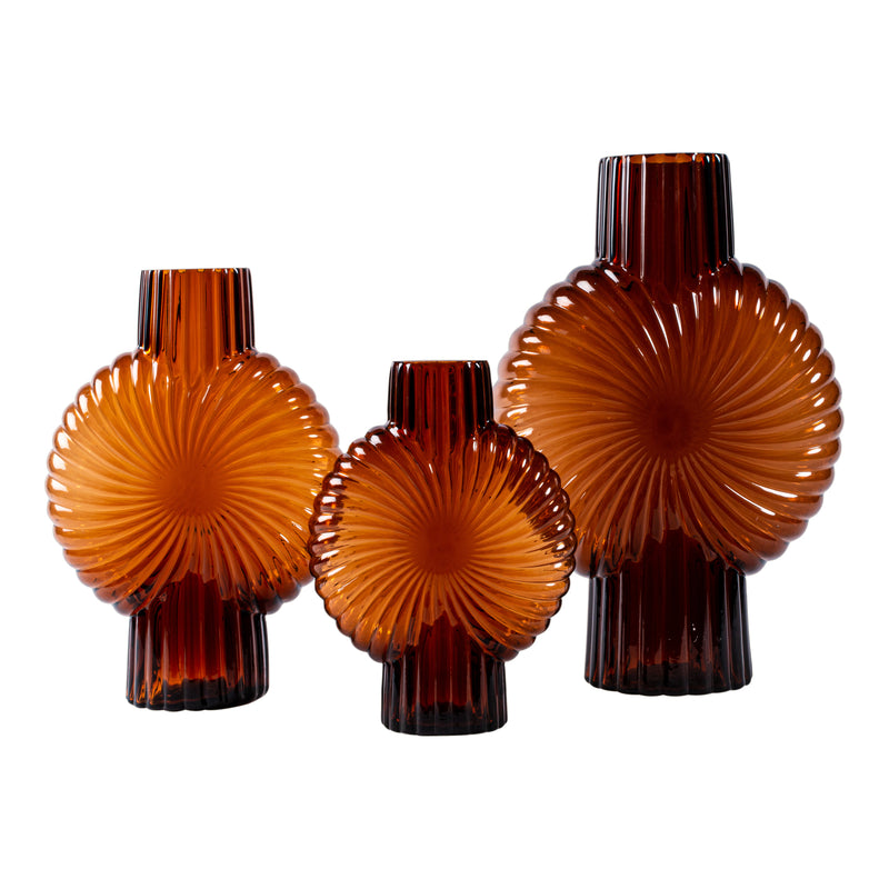 Zugar Brown Solid Glass Vase Ribbed Round S (set of 4)