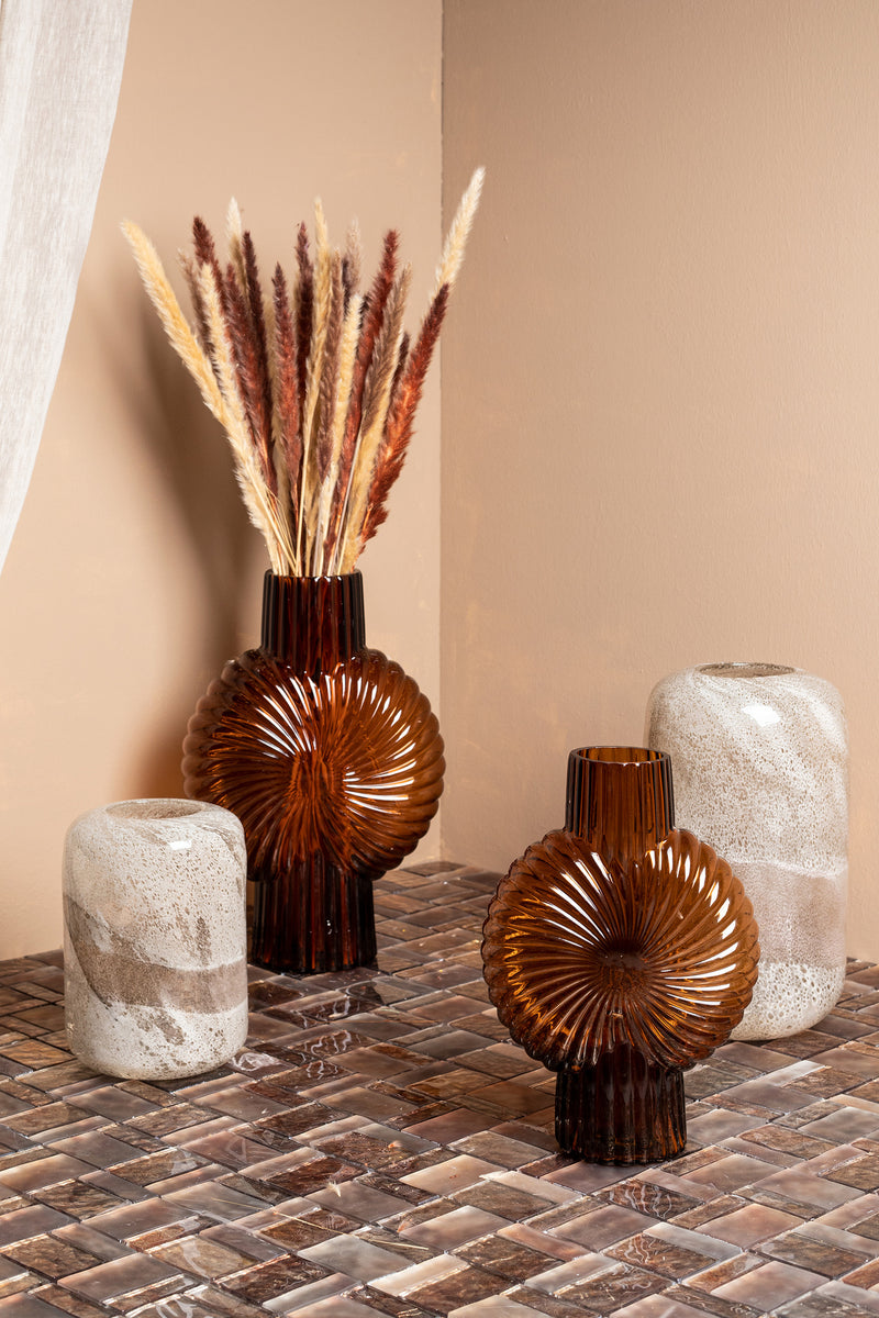 Zugar Brown Solid Glass Vase Ribbed Round S (set of 4)