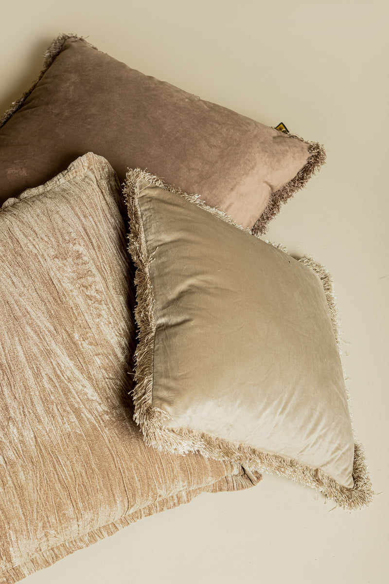 Nous Taupe Velvet Cushion With Fringes Square S