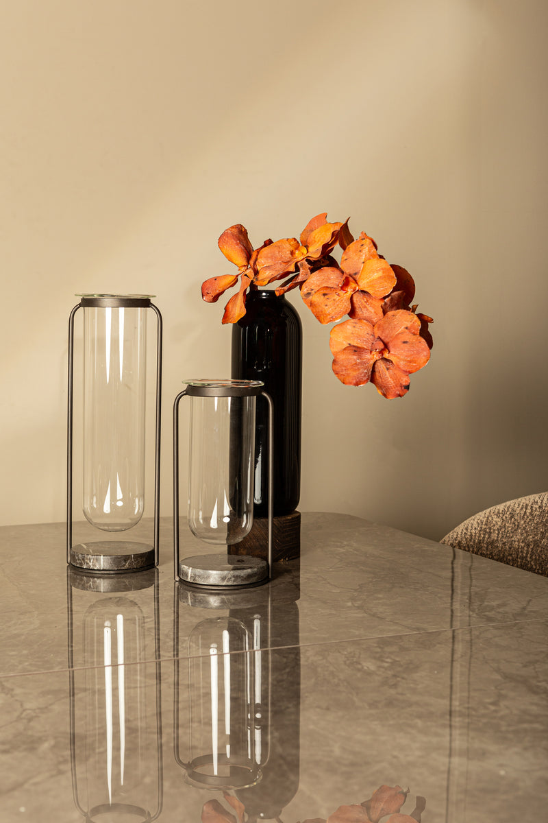 Kirsa Black Round Glass Vase Metal Marble Holder L