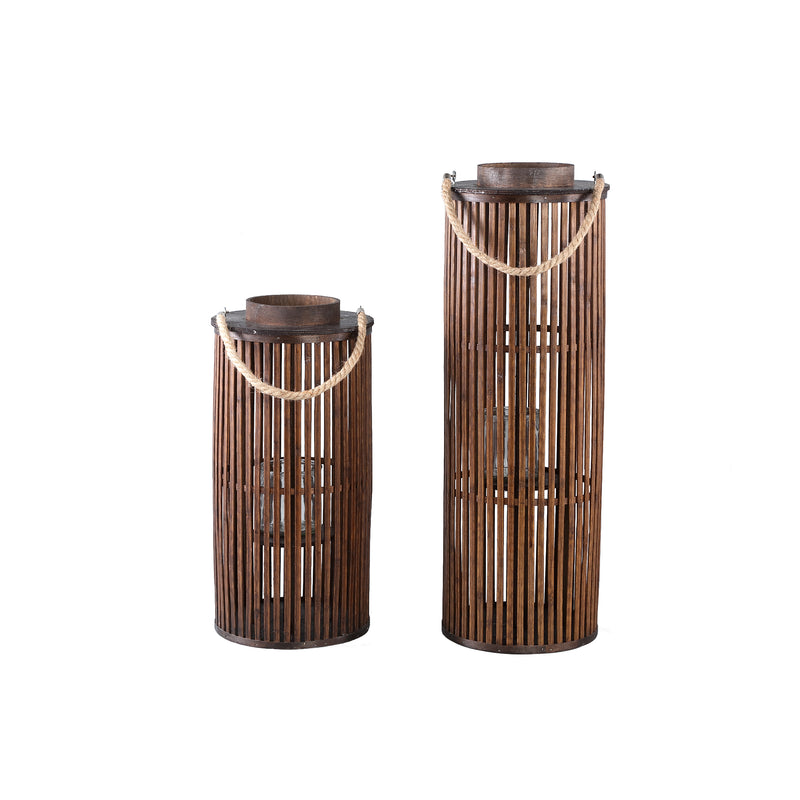 Zafria Brown Round Bamboo Lantern With Glass L (set of 2)