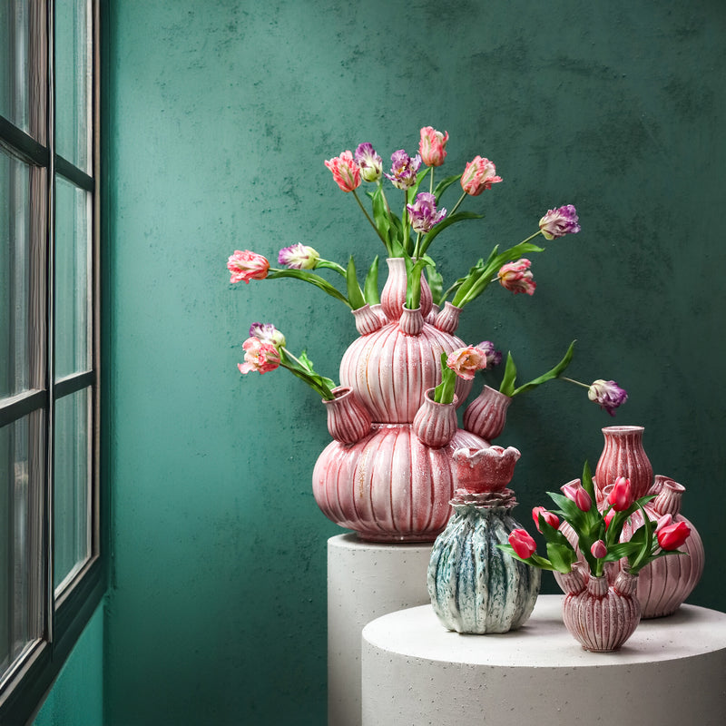 Nolou Pink Ceramic Tulip Vase Ribbed Round L