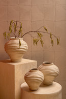 Mickie Beige Round Bulb Ceramic Vase Ribbed S
