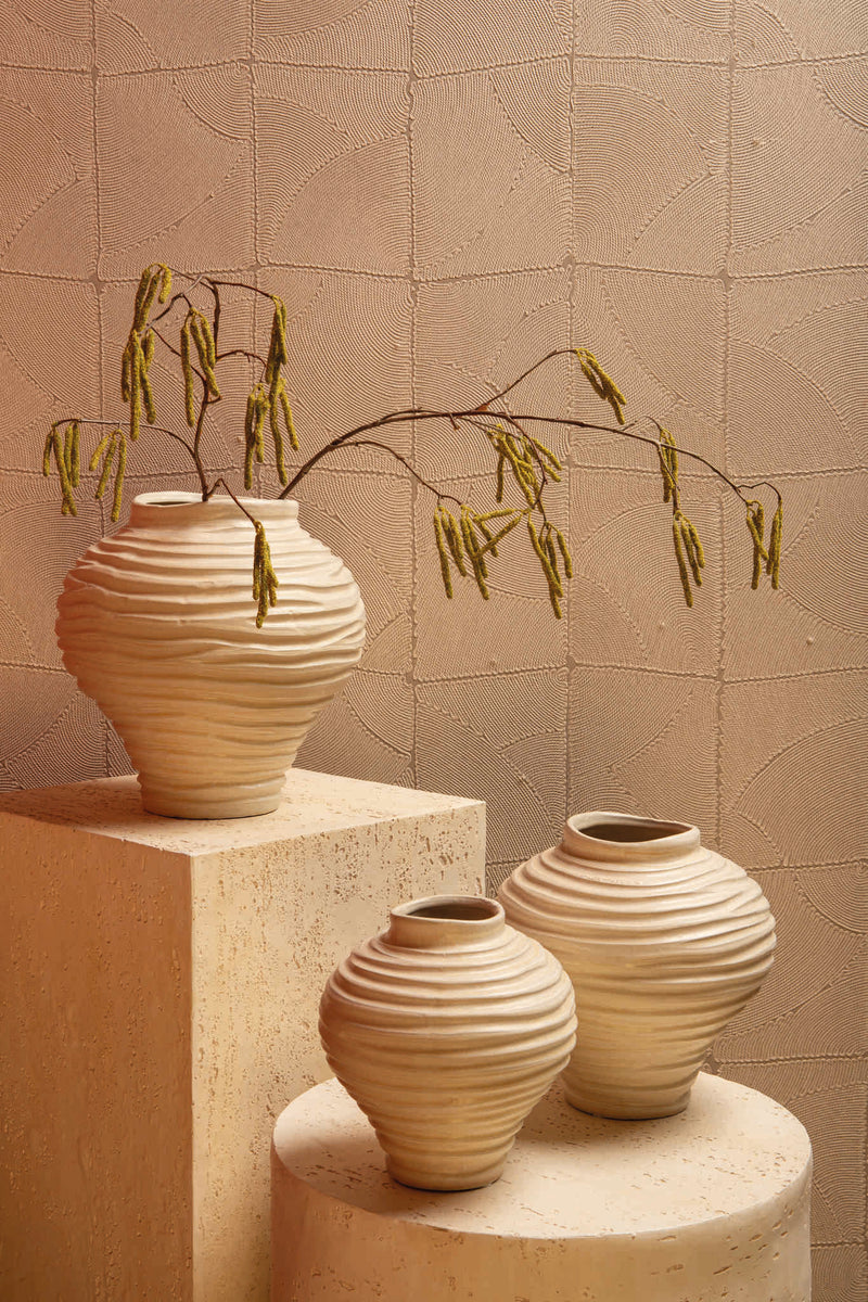 Mickie Beige Round Bulb Ceramic Vase Ribbed M