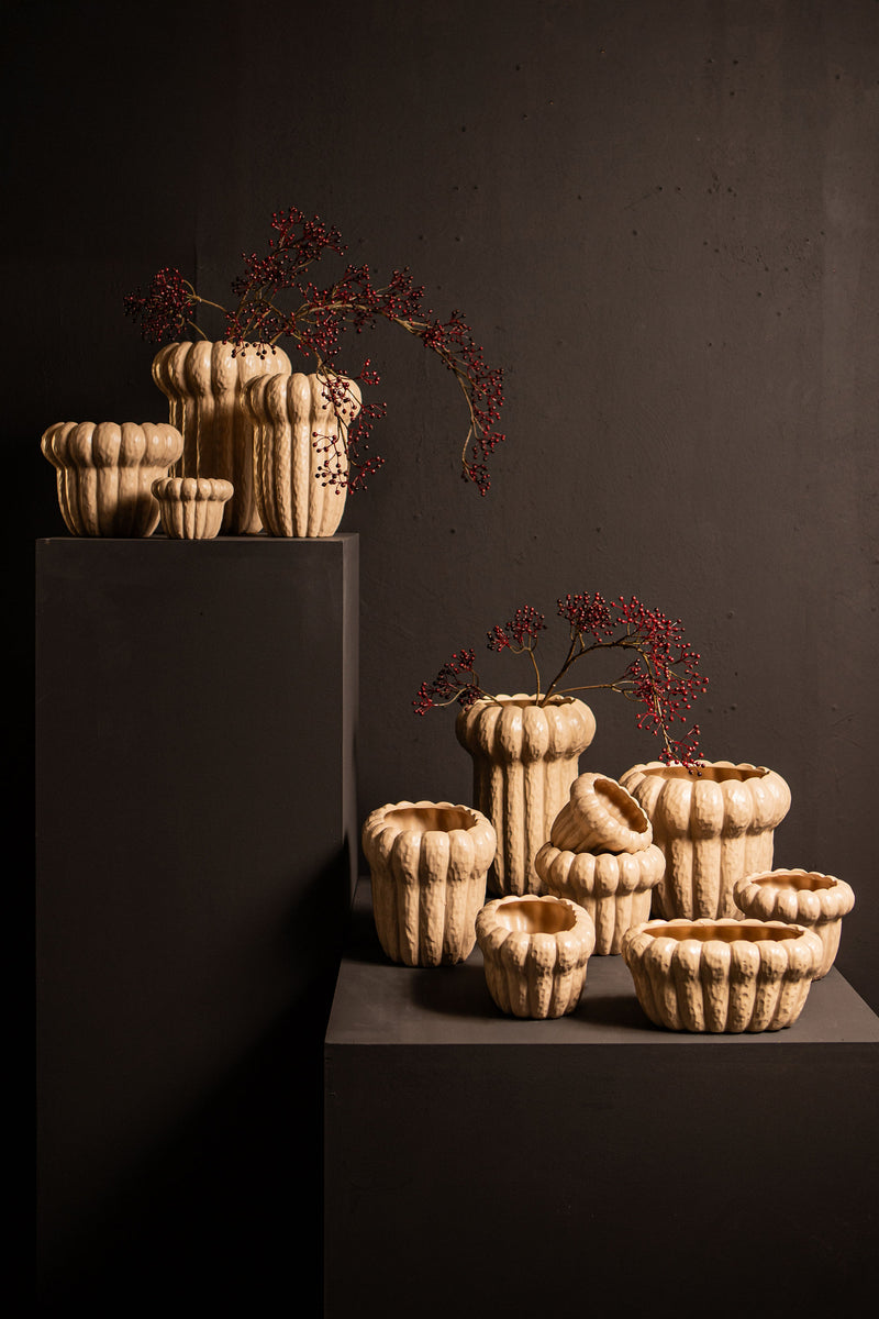 Samaran Cream Round Ceramic Vase Ribbed High L