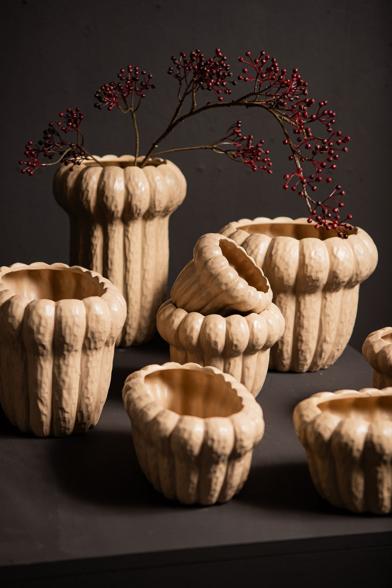 Samaran Cream Round Ceramic Vase Ribbed High S