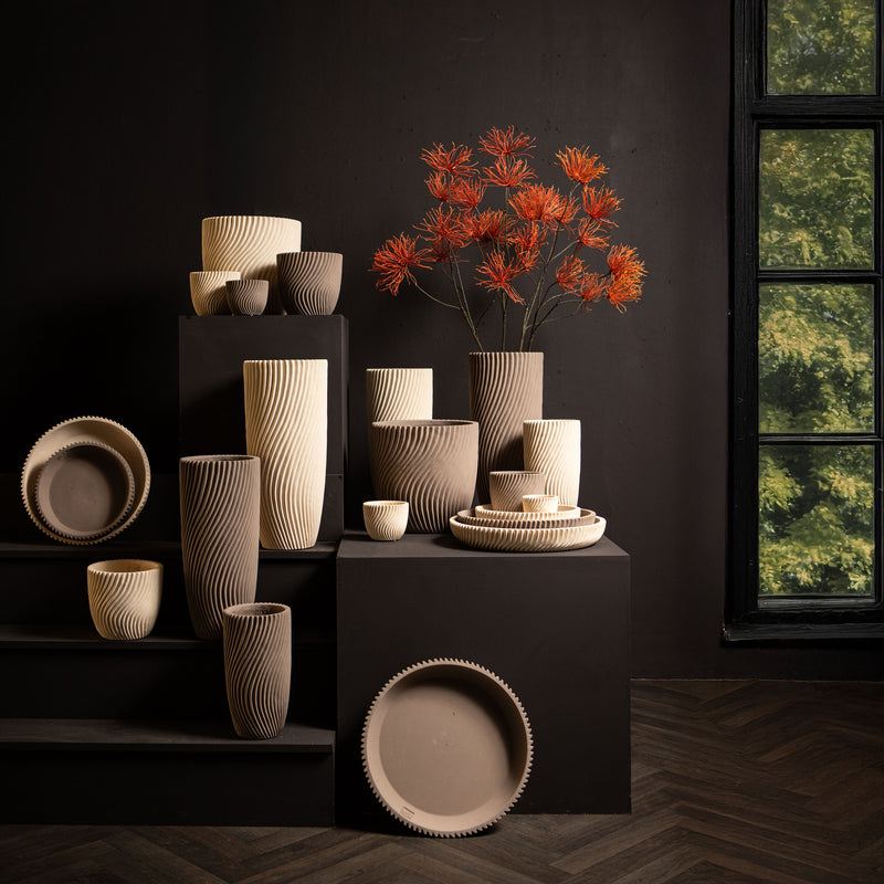 Lianna Cream Cement Round Vase Line Pattern M
