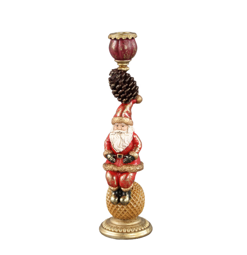 Yuki Burgundy poly santa candle holder w pine cone