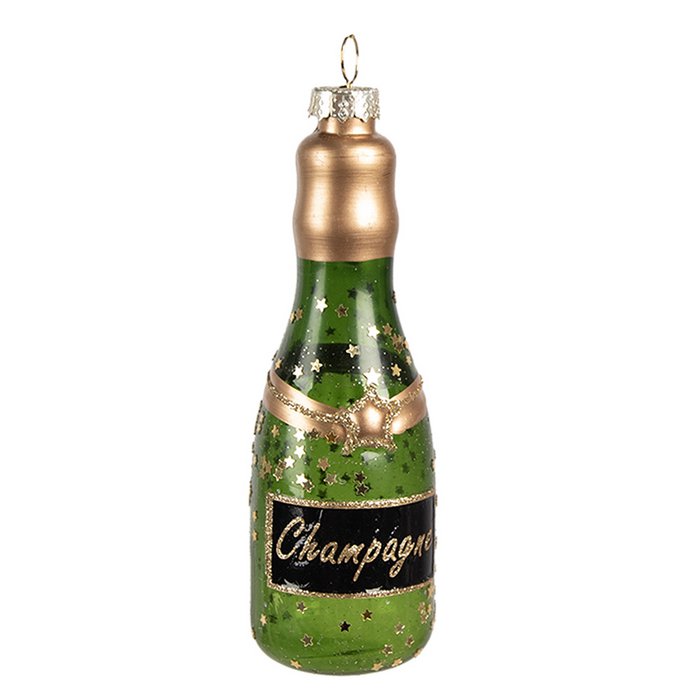 Kersthanger champagnefles groen ster glitter