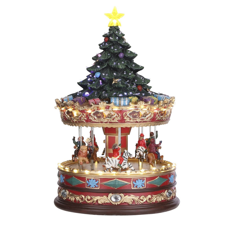 LuVille Kerstdorp Miniatuur Carrousel met Kerstboom